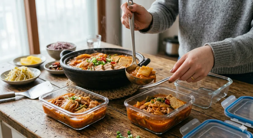 국자로 묵은지 김치와 돼지고기를 유리 밀폐용기에 담아 소분하는 모습