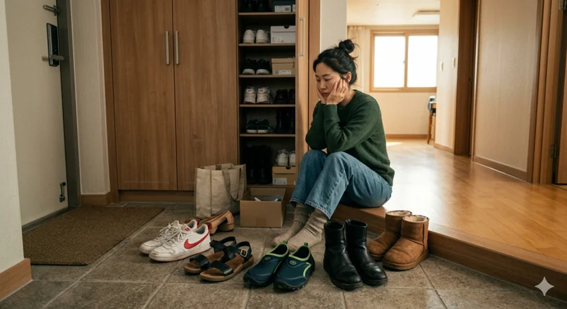 현관에 늘어선 헌 운동화, 샌들, 부츠 앞에 앉아 신발 정리를 고민하는 여성