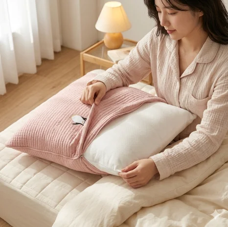침대 위에서 핑크색 누비 커버를 열어 백색 베개 솜을 꺼내는 여성의 모습