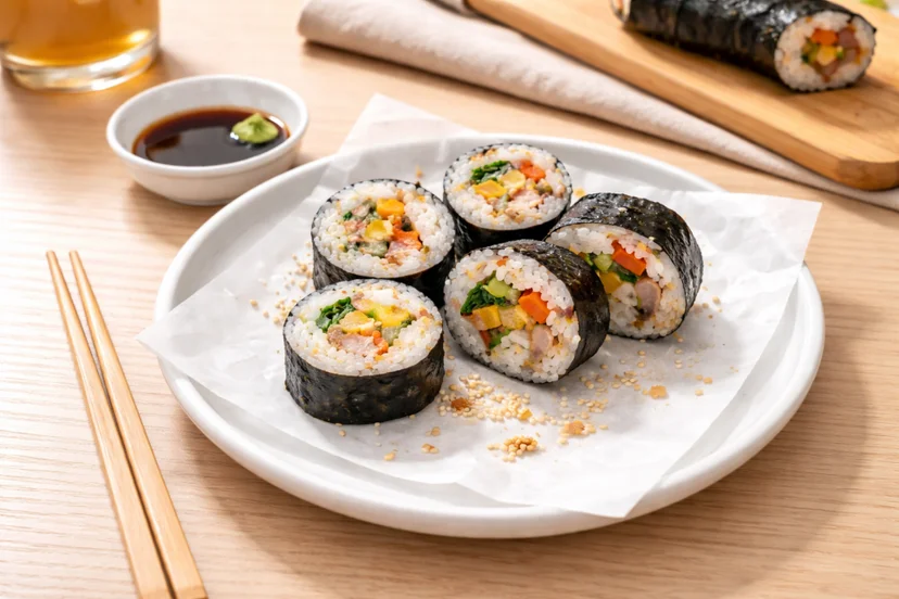 흰 접시 위에 참깨를 뿌려 단정하게 세워 담은 김밥 조각들과 간장 종지