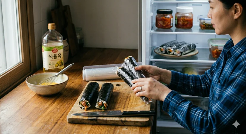 주방에서 냉장고 문을 열고 투명 랩으로 밀봉 포장한 김밥 줄을 보관하려는 모습