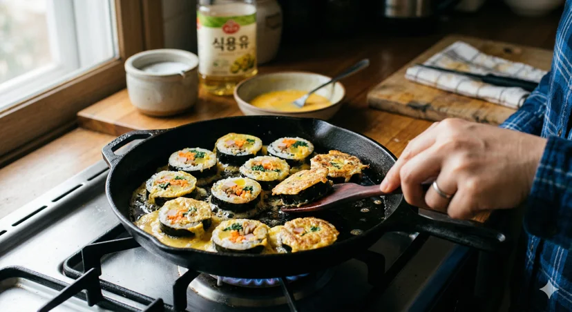 가스레인지 위 프라이팬에 계란물을 입힌 김밥 조각들을 노릇노릇 부쳐내는 모습