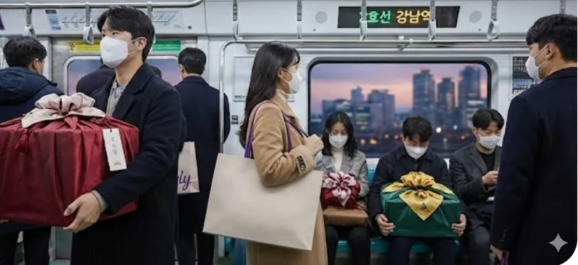 지하철 안에서 보자기로 포장된 명절 선물 상자를 소중히 들고 이동하는 승객들