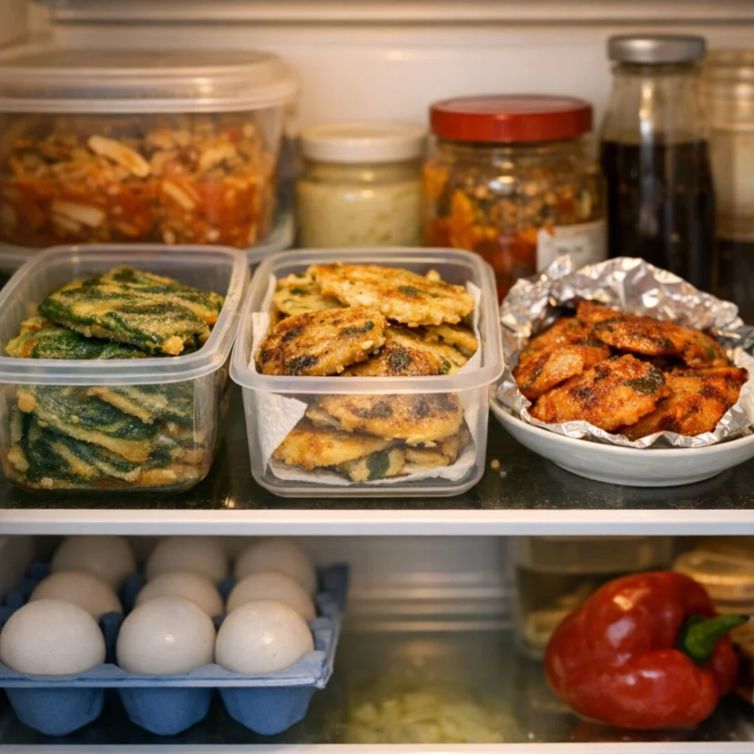 냉장고 선반에 깻잎전, 동그랑땡, 장조림 등 소분한 명절 음식 용기들을 가지런히 보관해둔 모습