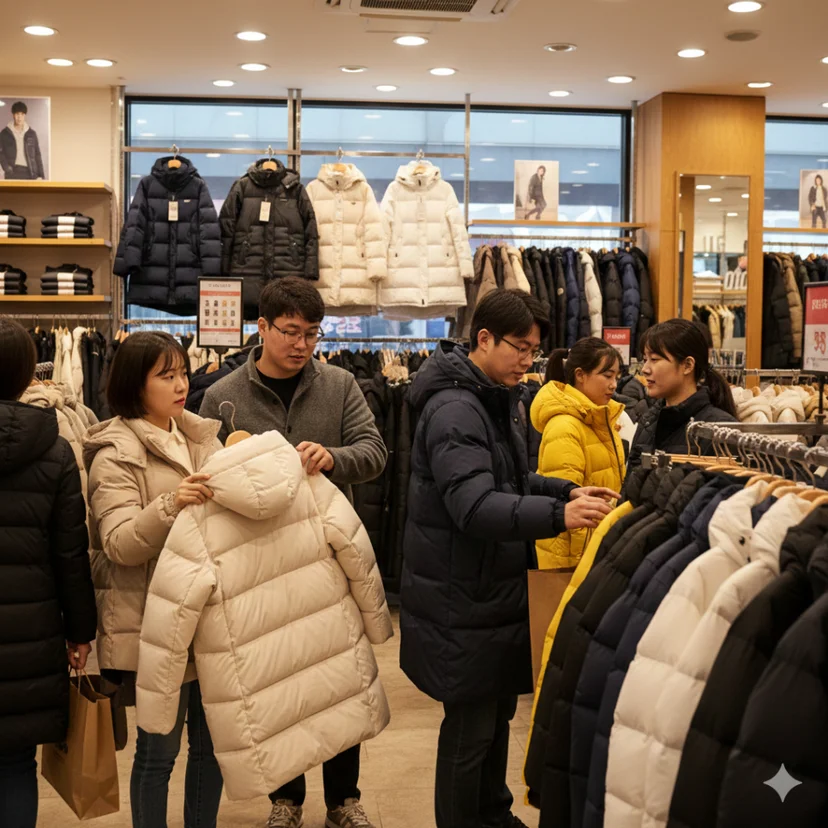 매장에서 겨울용 롱패딩 점퍼 의류를 둘러보고 펼쳐보는 손님들
