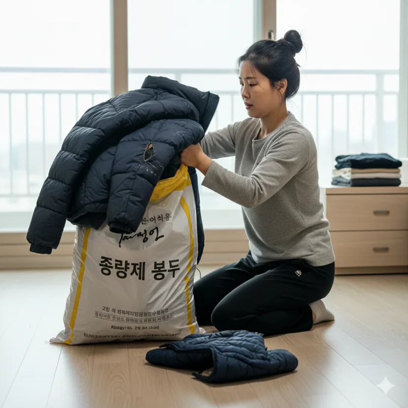 방 안에서 뜯어진 헌 패딩 점퍼 의류를 종량제 쓰레기 봉투에 접어 넣는 모습