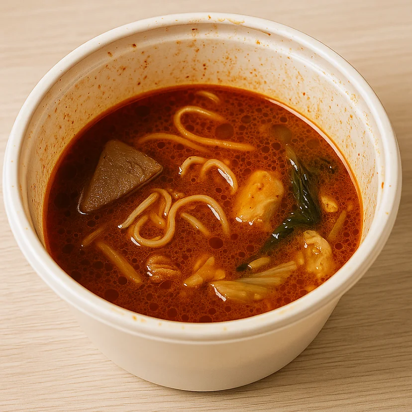 배달 용기 안에 남은 붉은 마라탕 국물과 옥수수면 건더기
