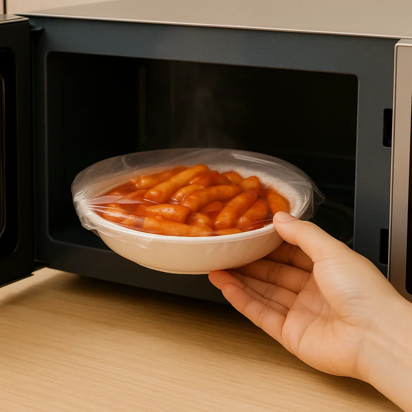 랩을 씌운 떡볶이 접시 용기를 전자레인지 안으로 넣고 데우는 모습