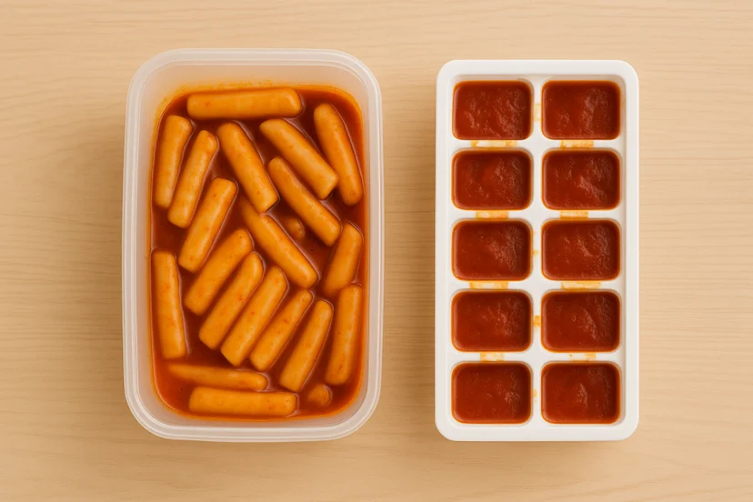 사각 밀폐용기에 담긴 떡볶이 떡과 얼음 트레이 틀에 넣은 떡볶이 소스