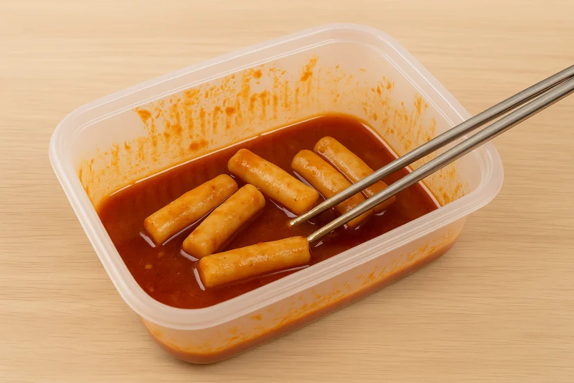 밀폐용기 속 남은 떡볶이 떡을 쇠젓가락으로 잡는 모습
