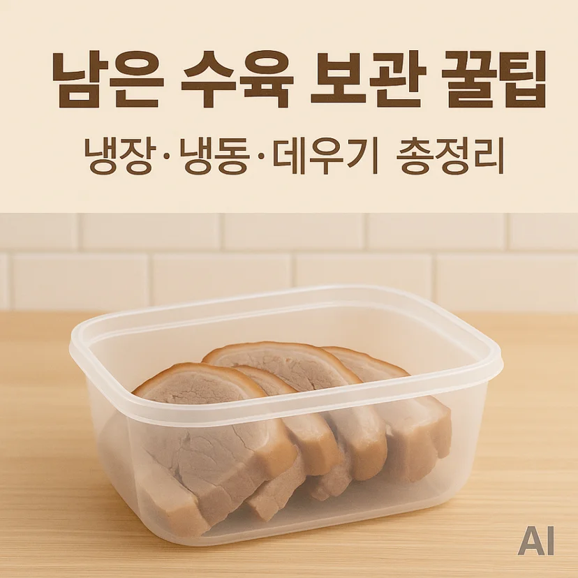 사각 투명 밀폐용기에 담긴 썬 보쌈 수육 고기와 남은 수육 보관 꿀팁 타이틀 문구