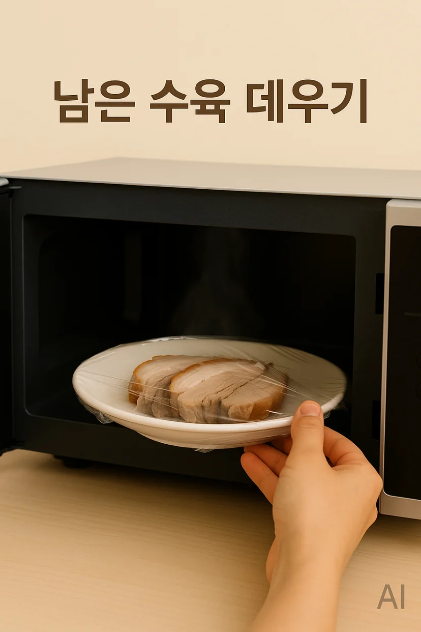 랩을 씌운 수육 접시를 전자레인지에 넣고 남은 수육 데우기를 하는 모습