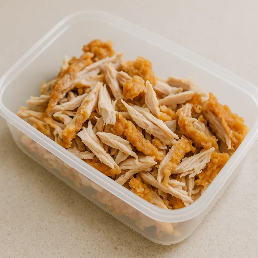 투명 용기에 뼈를 발라 잘게 찢어놓은 남은 치킨 살코기