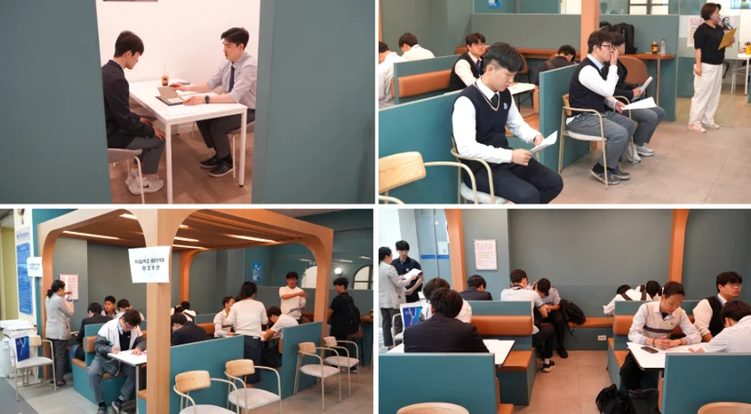 방 안에 칸막이와 책상이 놓이고 사람들이 마주 앉아 이야기하는 여러 사진을 묶은 사진
