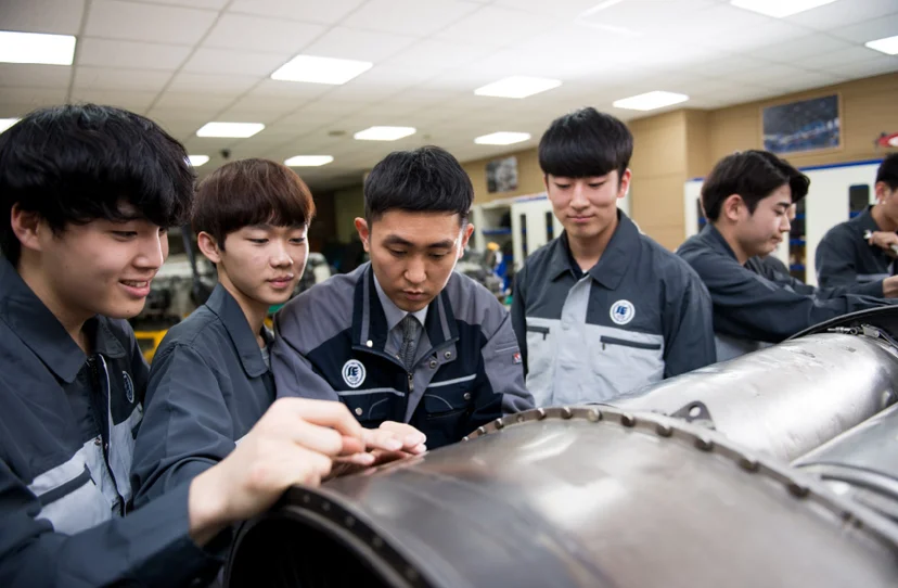 항공기 엔진을 점검하는 학생들