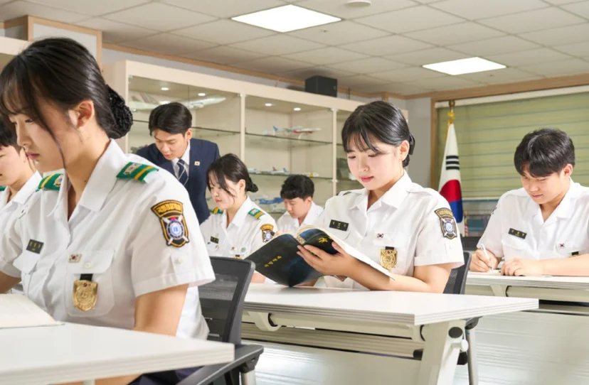 제복 차림 여러 사람이 교실에서 책을 읽거나 필기하고 있는 모습