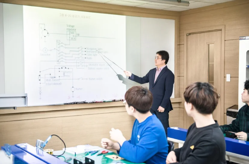 교실에서 화이트보드로 설명하는 모습