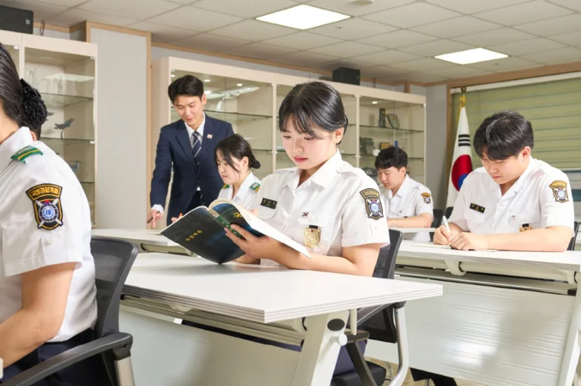 교실에서 자료를 살펴보는 학생들