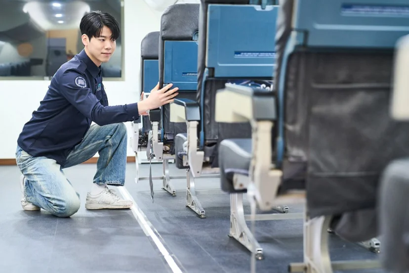 항공기 좌석 주변을 점검하는 실습 모습