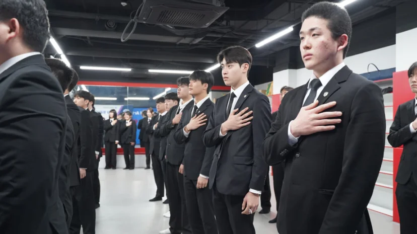 정장을 입은 사람들이 실내에 서 있는 모습