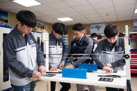 실습복 차림 네 사람이 작업대 위의 파란 부품과 도면을 함께 살피고 있는 모습