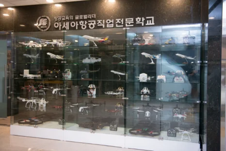 항공기 모형들이 진열된 유리 장식장