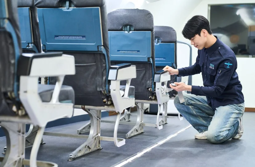 항공기 좌석 옆에 무릎을 꿇은 사람이 좌석 아래쪽을 살피고 있는 모습