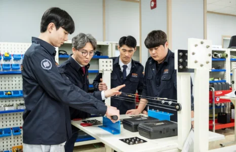 실습실에서 항공기 장비를 살펴보는 학생들