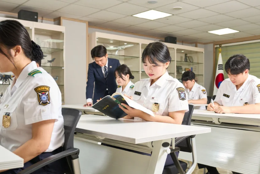 제복을 입은 사람들이 교실에서 자료를 살펴보는 모습