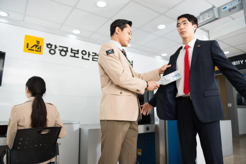 공항 보안검색 실습에서 휴대용 검색 장비를 사용하는 모습