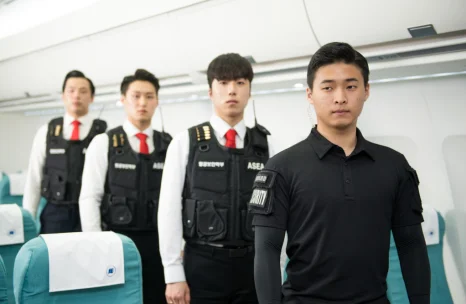 항공기 객실에서 서 있는 항공보안 실습복 차림의 사람들