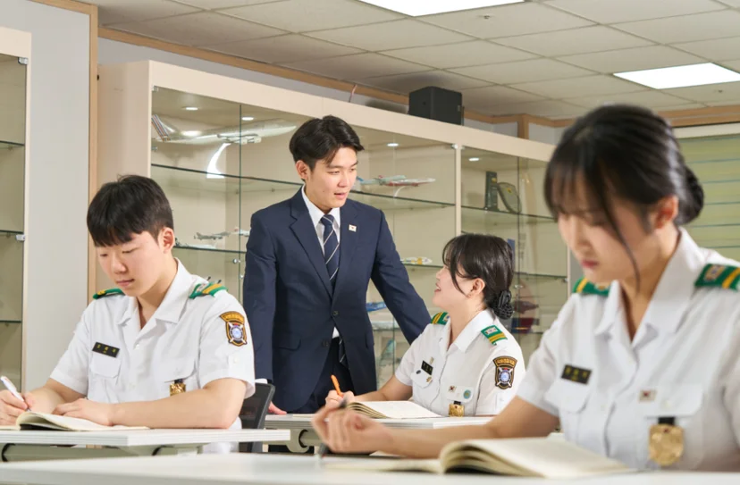 책상에서 자료를 살펴보는 학생들