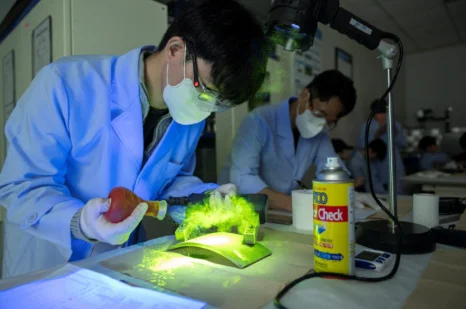 보안경과 마스크를 쓴 사람들이 작업대 위 부품에 밝은 빛을 비추고 있는 모습