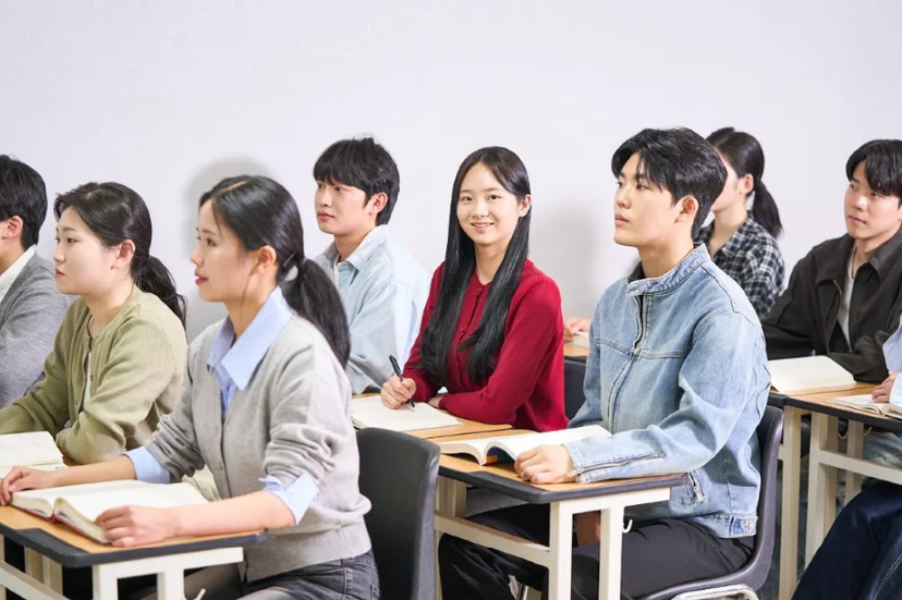 교실 책상에 앉은 여러 사람이 앞쪽을 보고 있는 모습