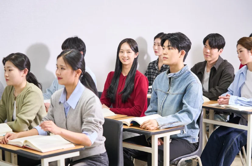 교실 책상에 앉은 여러 사람이 앞쪽을 바라보고 있는 모습