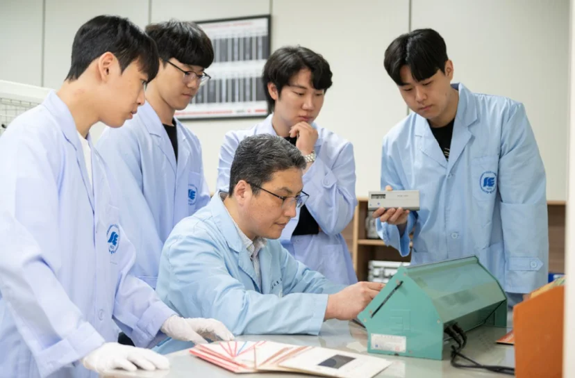 흰 실습복 차림 여러 사람이 앉은 사람과 책상 위 장비를 살피고 있는 모습