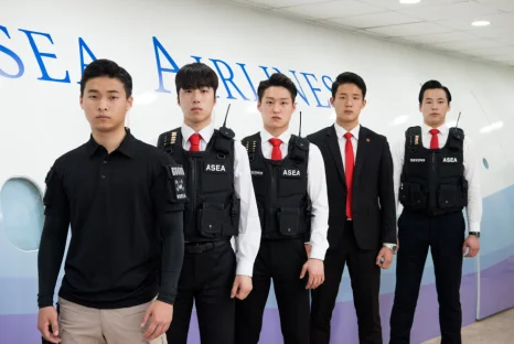 제복을 입은 사람들이 실내에 서 있는 모습