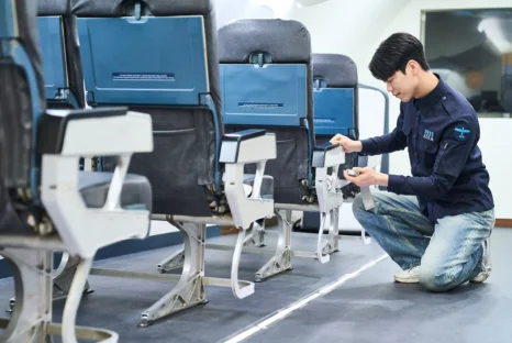 학생이 항공기 좌석 옆에 무릎을 꿇고 작업하는 모습