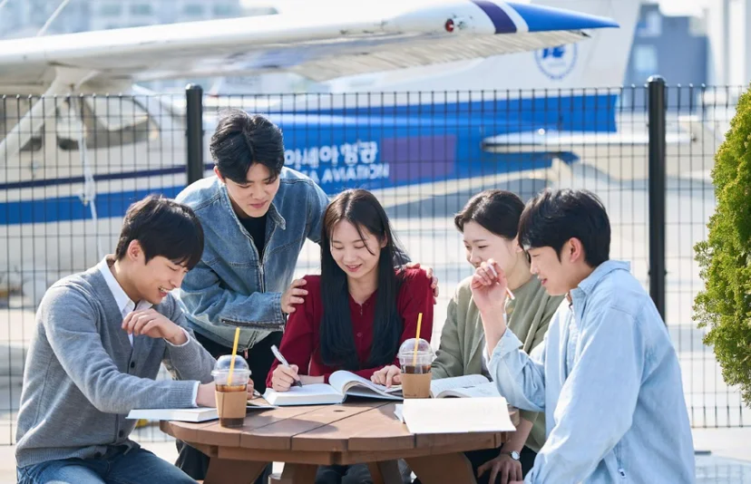 야외 테이블에서 책을 함께 보는 학생 다섯 명