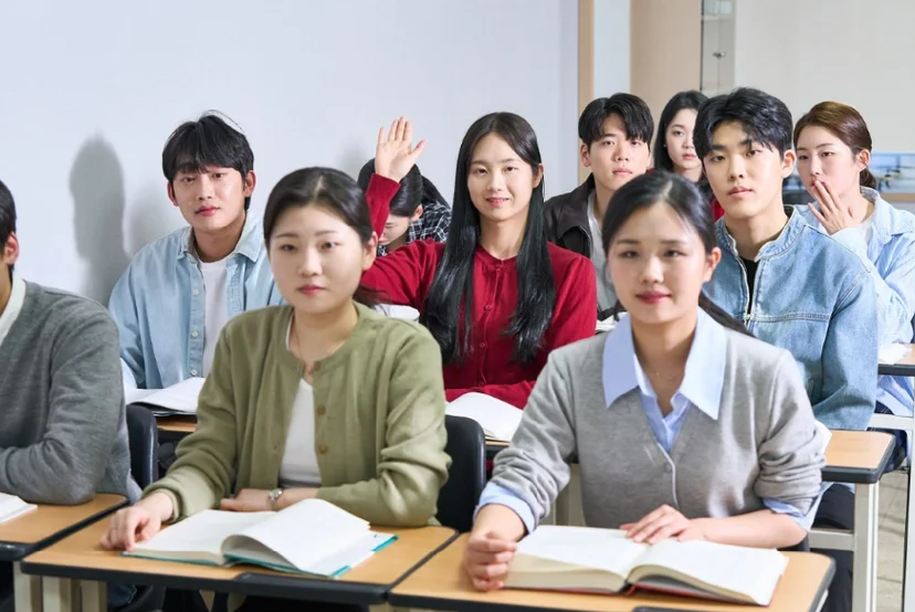 책을 펼친 학생들이 교실 책상에 앉아 있는 모습