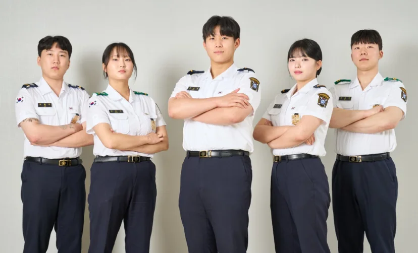제복 차림 다섯 사람이 팔짱을 끼고 서 있는 모습