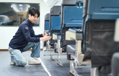 항공기 장비를 점검하는 교육생