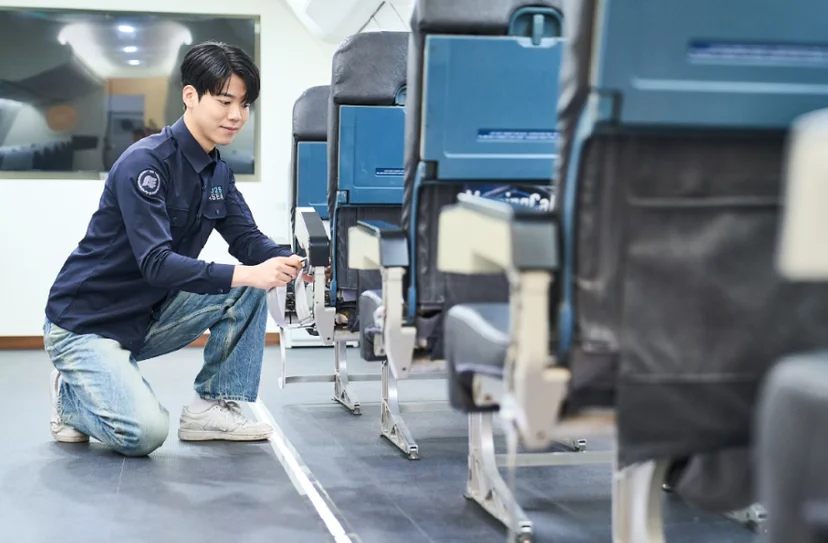 항공기 장비를 점검하는 교육생