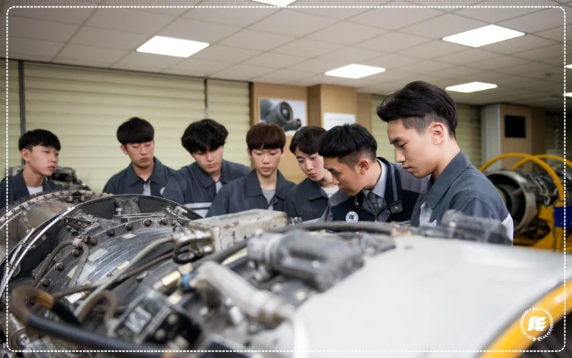 실습복 차림 여러 사람이 엔진을 둘러싸고 설명을 듣고 있는 모습