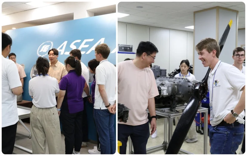 헬리콥터 엔진 장비를 살펴보는 사람들