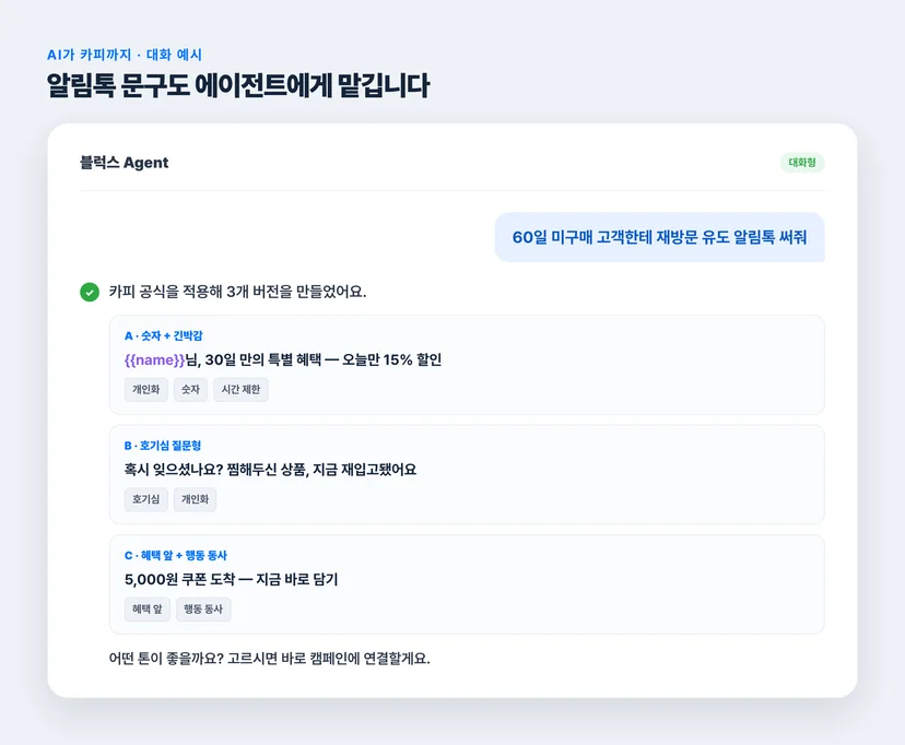 블럭스 Agent에게 알림톡 카피 요청 — '60일 미구매 고객 재방문 알림톡 써줘'에 공식 적용한 3개 버전(A 숫자+긴박감, B 호기심, C 혜택앞+행동동사) 제시