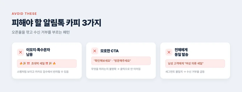 피해야 할 알림톡 카피 3가지 — 이모지·특수문자 남용, 모호한 CTA, 전체에게 동일 발송