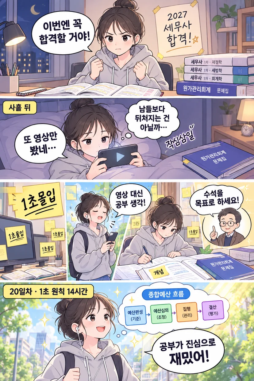 4단 만화. 세무사 합격을 다짐한 수험생이 사흘 뒤 침대에서 영상만 보며 작심삼일에 자책하다가, 1초몰입 메모를 붙이고 이동 중에도 공부를 생각하며 책상에서 개념을 정리하고, 20일차에 종합예산 흐름을 떠올리며 공부가 진심으로 재밌다고 웃는 모습