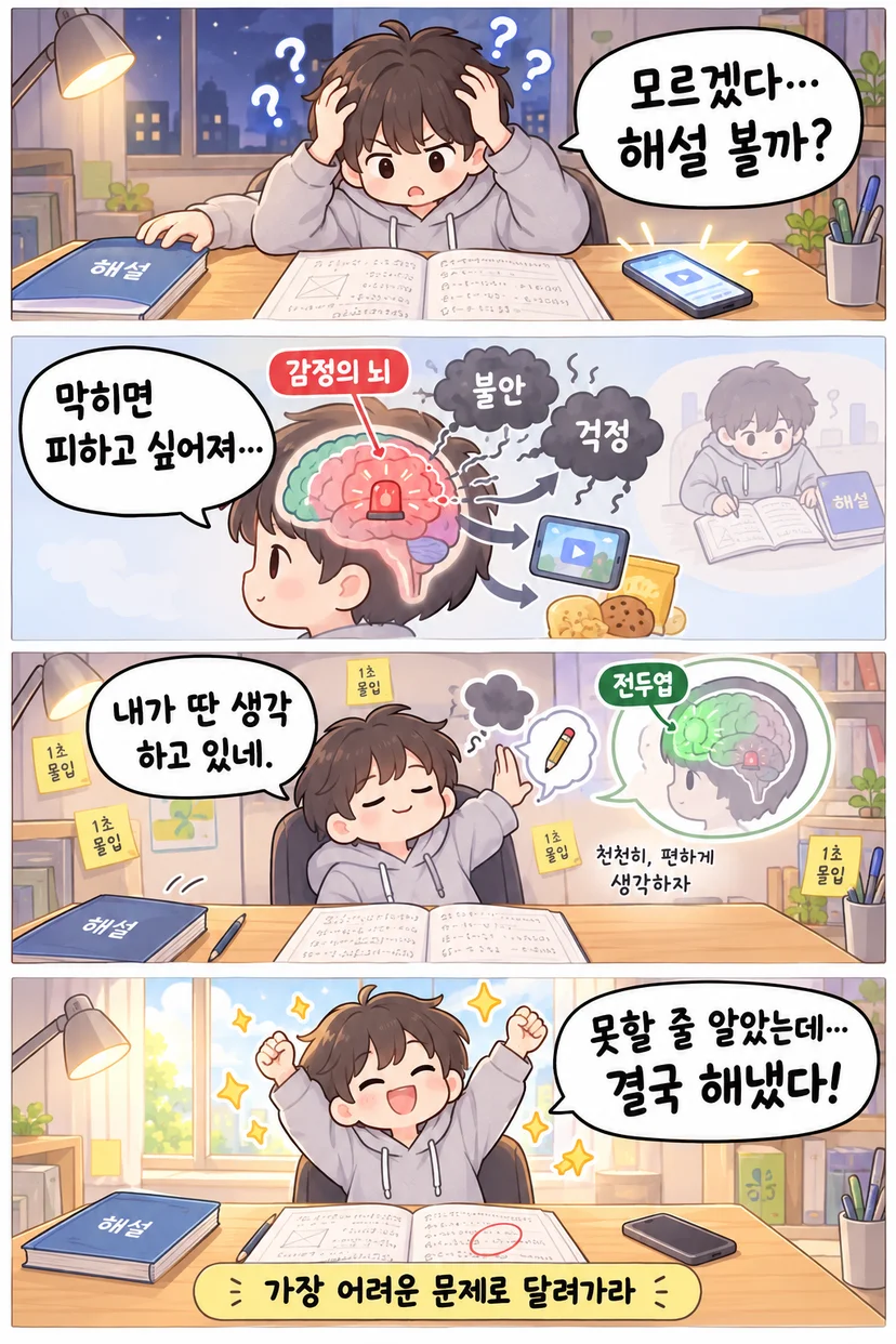 4컷 만화. 학생이 막힌 문제 앞에서 해설과 영상을 떠올리고, 감정의 뇌가 불안·걱정으로 회피 충동을 만든다. 이어 '1초 몰입' 포스트잇 속에서 잡념을 알아차리고 전두엽으로 천천히 생각한 끝에, 해냈다며 두 팔을 들고 기뻐한다.