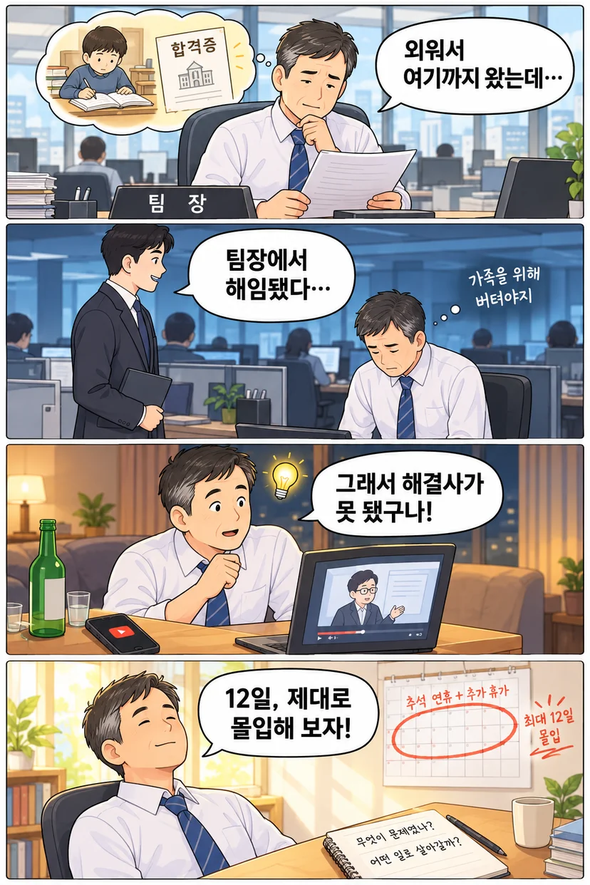 4컷 만화. 팀장 자리의 중년 직장인이 외워서 합격했던 시절을 떠올리며 서류를 보고, 팀장에서 해임된 뒤 가족을 위해 버티려 고개를 숙인다. 밤에 소주를 곁에 두고 노트북 강의 영상을 보다 해결사가 못 된 이유를 깨닫고, 추석 연휴와 추가 휴가를 동그라미 친 달력 앞에서 12일 몰입을 다짐한다.